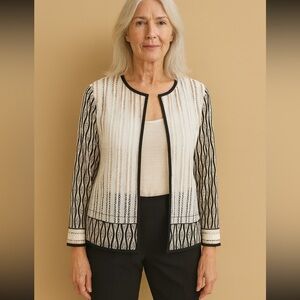 IC By Connie K Jacket Woman Large Black White Open Front Mesh Artsy Lagenlook